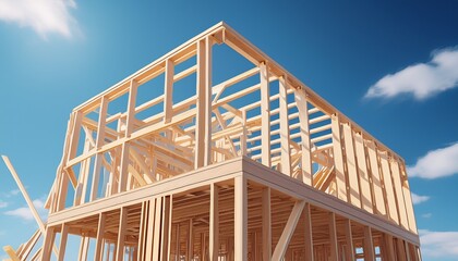 Obraz premium wooden house frame under construction on a bright blue sky background concept of home building 3d rendering