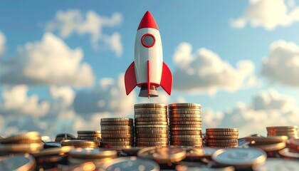 Rocket Launching Over Stacks of Coins Against a Cloudy Sky