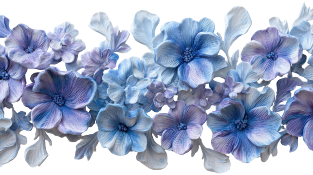 Floral border of sculpted, pastel blue and purple flowers