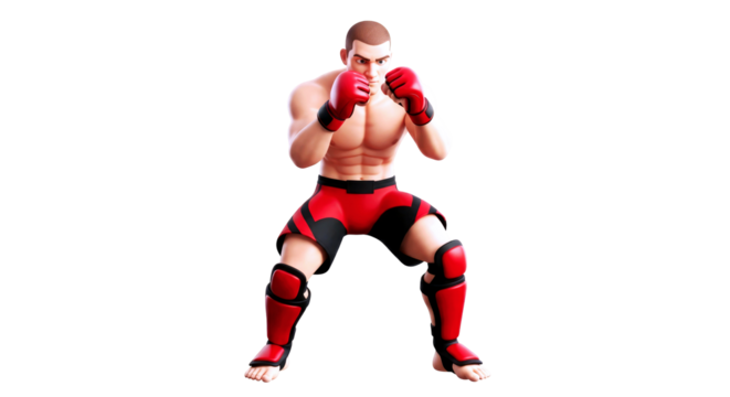 3d cartoon mma fighter ready to strike, powerful pose, red fighting gear, isolated on transparent background