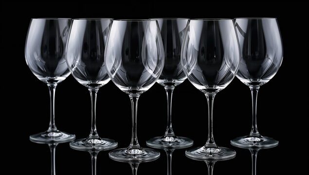 Clear empty wine glasses against a dark backdrop