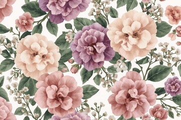 High-end floral wallpaper with seamless design featuring soft romantic flowers like hydrangea and gypsophila in pastel shades of pink, beige, purple, and white, complemented by green foliage.