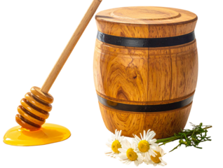 Rustic Arrangement of Honey Jar, Dipper, and Chamomile Bunch, Side Angle, Transparent PNG