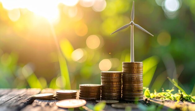 Model wind turbine on stacked coins symbolizing green energy investment - Powered by Adobe
