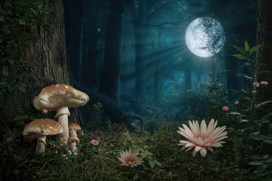 Enchanted forest scene with magical mushrooms, a butterfly, and a glowing moonbeam illuminating pink blossoms in a dreamy fairy tale setting