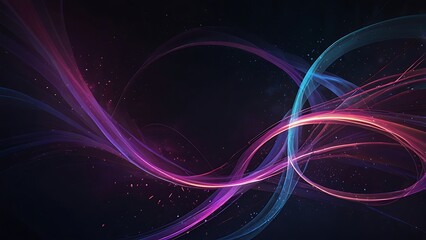 A vibrant, abstract digital background filled with glowing neon light trails and flowing energy waves. Bright streaks of purple, pink, and blue twist and swirl across a deep midnight gradient, leaving