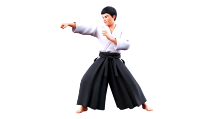 3d cartoon aikido master focused strike, precise movement, martial arts power, dynamic action pose, animation asset, isolated on transparent background