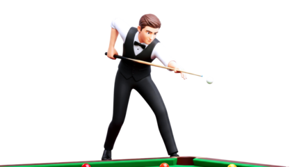 3d cartoon snooker player precise shot, focused concentration, intense gameplay, classic billiards, elegant attire, championship game, isolated on transparent background