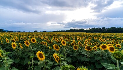 Obraz premium A vast expanse of sunflowers stretches across a field under a cloudy sky, showcasing a rich and vibrant landscape.