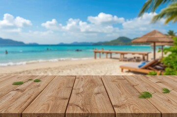 Fototapeta premium Wooden tabletop with palm leaves and festive beach setting in the background, blurred. Theme: Summer, Sea, Leisure, Celebration.