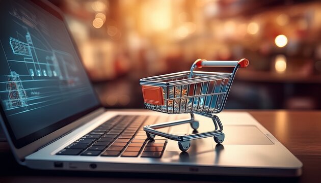 small shopping cart on laptop keyboard representing online shopping concept in a modern workspace