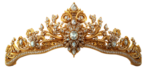 a regal golden tiara with intricate jewels, isolated on a transparent background.