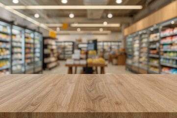 Obraz premium Blank wooden tabletop with a soft-focused backdrop for showcasing products