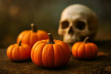 Autumn pumpkins and a skull create a spooky ambiance