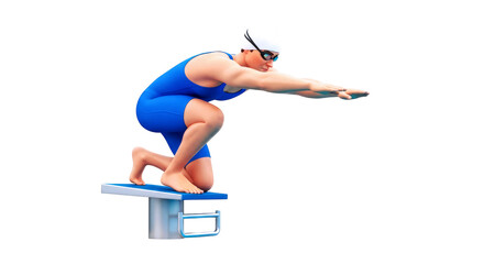 3d cartoon swimmer poised for a dive, focused and determined, aquatic athlete, isolated on transparent background
