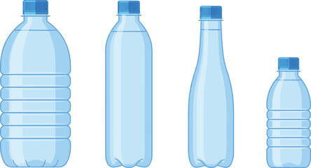 Set of plastic water bottles with blue caps in various shapes and sizes for packaging, hydration, and product design illustration