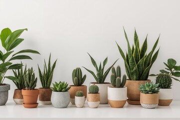 Obraz premium A stylish home garden setup featuring a variety of potted plants, including cacti and succulents, against a plain wall with ample space for text.