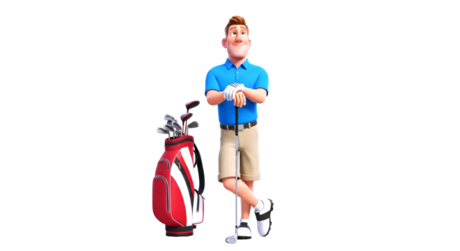 3d cartoon golfer relaxed pose, confident stance, golf clubs, summer fun, isolated on transparent background
