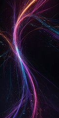 A vibrant, abstract digital background filled with glowing neon light trails and flowing energy waves. Bright streaks of purple, pink, and blue twist and swirl across a deep midnight gradient, leaving