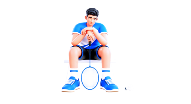 3d cartoon badminton player contemplative pose, strategic break, focused athlete, isolated on transparent background