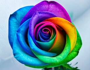 A close-up view of a vibrant rainbow rose, showcasing its multicolored petals in a detailed and beautiful floral display.