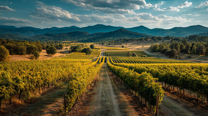 Aerial view of vineyard rows leading to distant mountains under cloudy blue sky