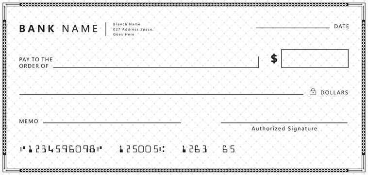 Blank bank cheque. Personal desk check template with empty field to fill.