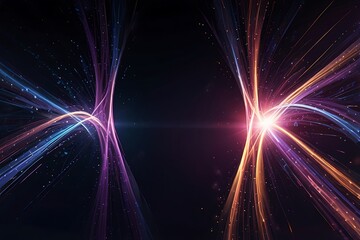 A vibrant, abstract digital background filled with glowing neon light trails and flowing energy waves. Bright streaks of purple, pink, and blue twist and swirl across a deep midnight gradient, leaving