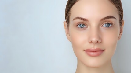 Fototapeta premium Young woman with natural makeup, glowing healthy skin, and blue eyes against light background, showcasing fresh minimal beauty look for cosmetic and skincare advertising.