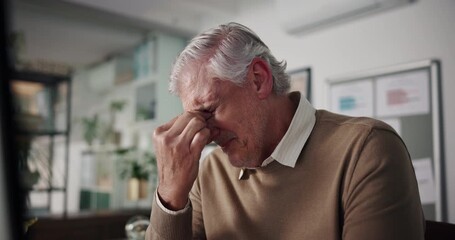 Mature man, headache and stress at startup, office or eye strain at climate consulting agency. Person, migraine and neck pain with fatigue, frustrated or tired with brain fog at sustainable business