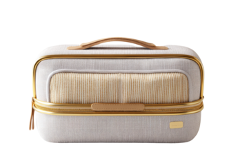 Light beige,  double-compartment travel cosmetic case with gold accents.  Features a woven texture and handles