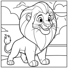 Obraz premium Friendly lion king coloring page for kids. A happy cartoon character in a fairytale land with a castle. Black and white line art for children's storybooks, printables, and creative activities.