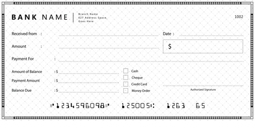 Fototapeta premium Blank bank cheque. Personal desk check template with empty field to fill.