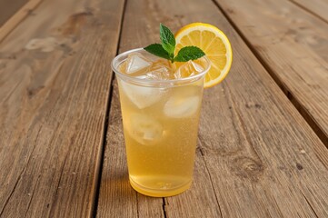 Fototapeta premium Clear plastic cup containing lemon iced tea garnished with an orange slice and fresh mint leaves on a wooden surface