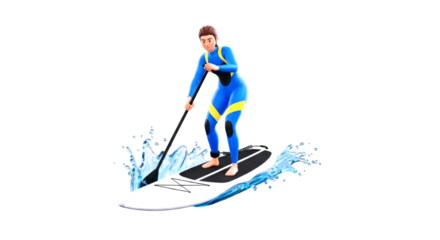 3d cartoon sup surfer graceful glide, aqua adventure, summer fun, isolated on transparent background