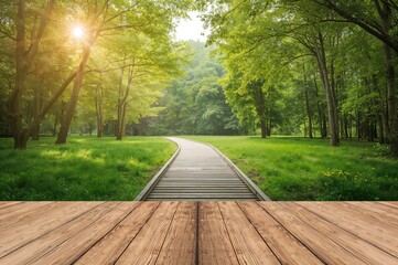 Fototapeta premium A peaceful natural setting featuring a verdant forest and a calm wooden trail winding through the foliage, infused with soothing natural scents.