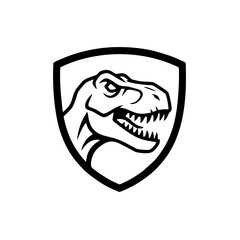 Roaring T-Rex Head Inside Shield Logo, Bold Vector Outline