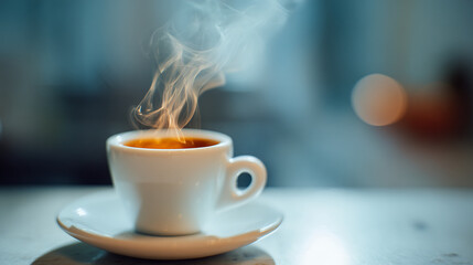 A steaming cup of coffee on a saucer with a blurred background in soft lighting