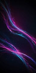 A vibrant, abstract digital background filled with glowing neon light trails and flowing energy waves. Bright streaks of purple, pink, and blue twist and swirl across a deep midnight gradient, leaving