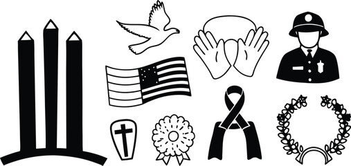 Patriot day memorial symbols including candles flag dove wreath and police officer vector