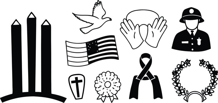 Patriot day memorial symbols including candles flag dove wreath and police officer vector - Powered by Adobe