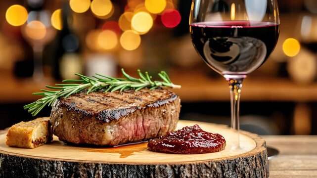 Savor the flavors of a perfectly cooked steak alongside a glass of red wine and a savory sauce, ideal for any special occasion