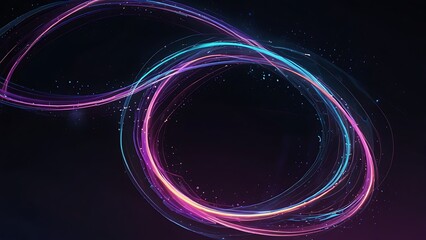 A vibrant, abstract digital background filled with glowing neon light trails and flowing energy waves. Bright streaks of purple, pink, and blue twist and swirl across a deep midnight gradient, leaving