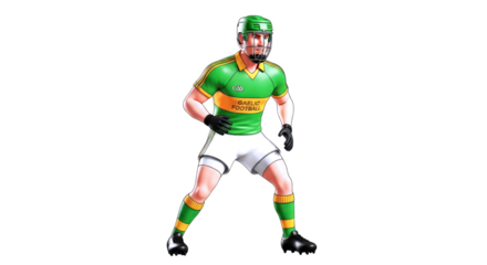 cartoon gaelic football player ready for action, dynamic pose, irish sport, isolated on transparent background