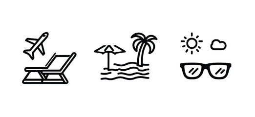 Summer vacation vector line art with plane beach umbrella and sunglasses ideal for travel ads