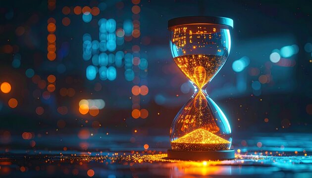 Modern hourglass with glowing sand and digital background effects