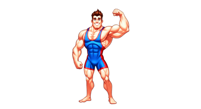 powerful cartoon bodybuilder a champions poise, muscular physique, and winning smile, isolated on transparent background