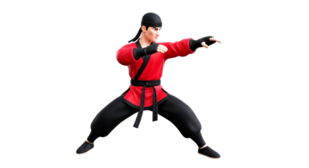 3d cartoon martial artist focused power, red gi, dynamic stance, isolated on transparent background