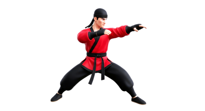 3d cartoon martial artist focused power, red gi, dynamic stance, isolated on transparent background