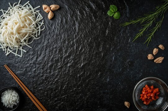 Assorted sushi roll ingredients arranged on a dark surface, including seaweed, fish, and fresh greens